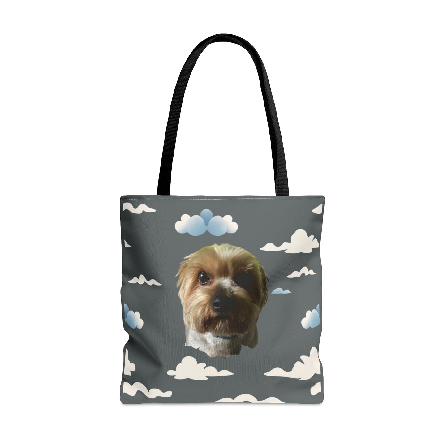 Personalized grey tote bag with custom dog photo and soft cloud pattern design