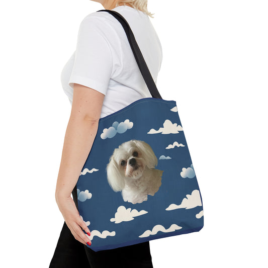 Personalized tote bag with custom dog photo and soft cloud pattern design on shoulder