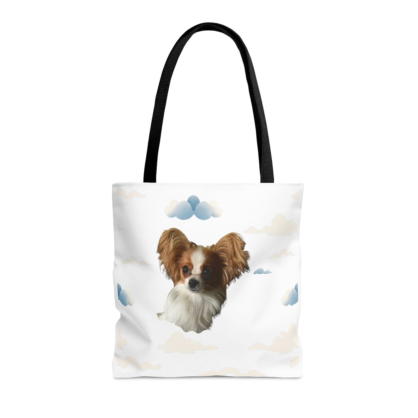 Personalized white tote bag with custom dog photo and soft cloud pattern design