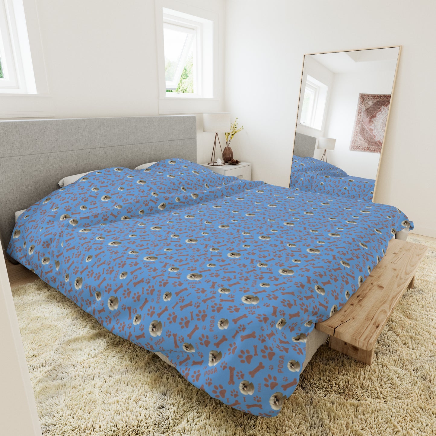 Personalized duvet cover with custom dog name & photo β stylish and cozy pet-themed bedding