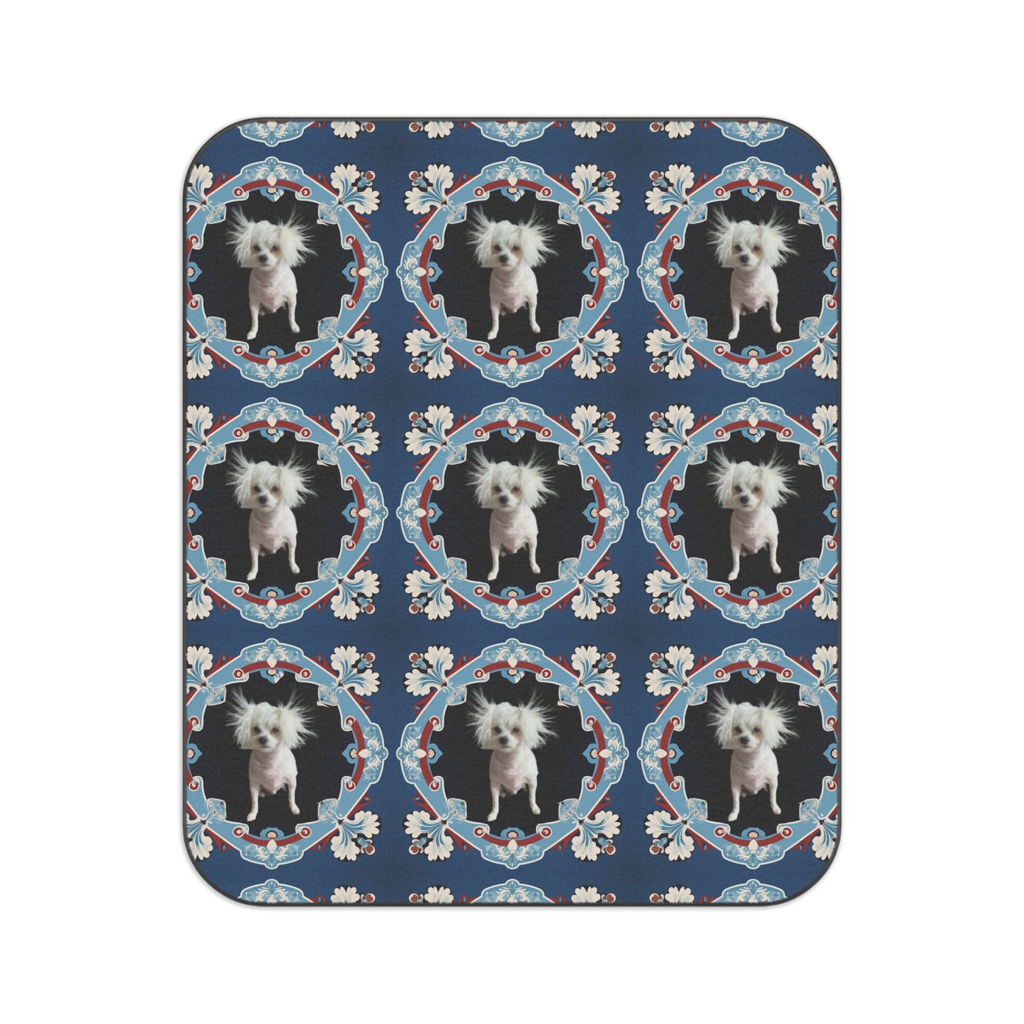 Personalized navy picnic blanket with custom dog photo โ waterproof & foldable outdoor throw