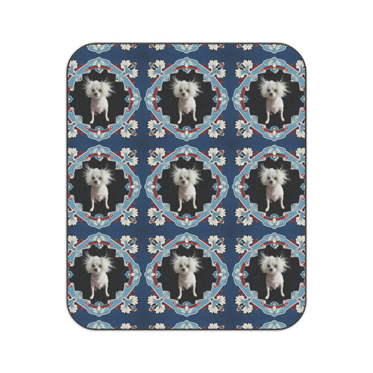 Personalized navy picnic blanket with custom dog photo – waterproof & foldable outdoor throw