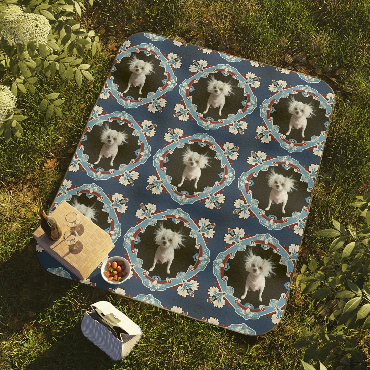 Personalized navy picnic blanket with custom dog photo โ waterproof & foldable outdoor throw
