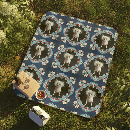 Personalized navy picnic blanket with custom dog photo – waterproof & foldable outdoor throw