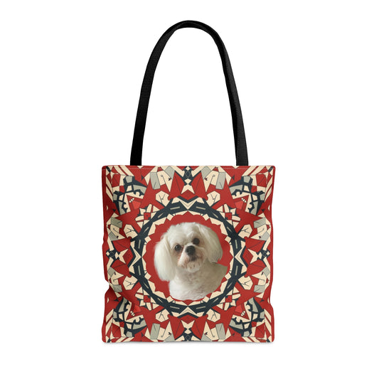 Personalized tote bag with custom dog photo and elegant ornament pattern design - front