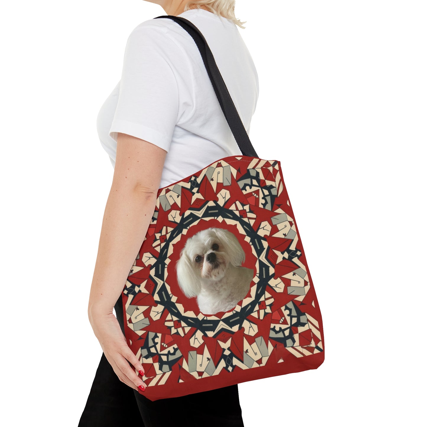 Personalized tote bag with custom dog photo and elegant ornament pattern design - on shoulder
