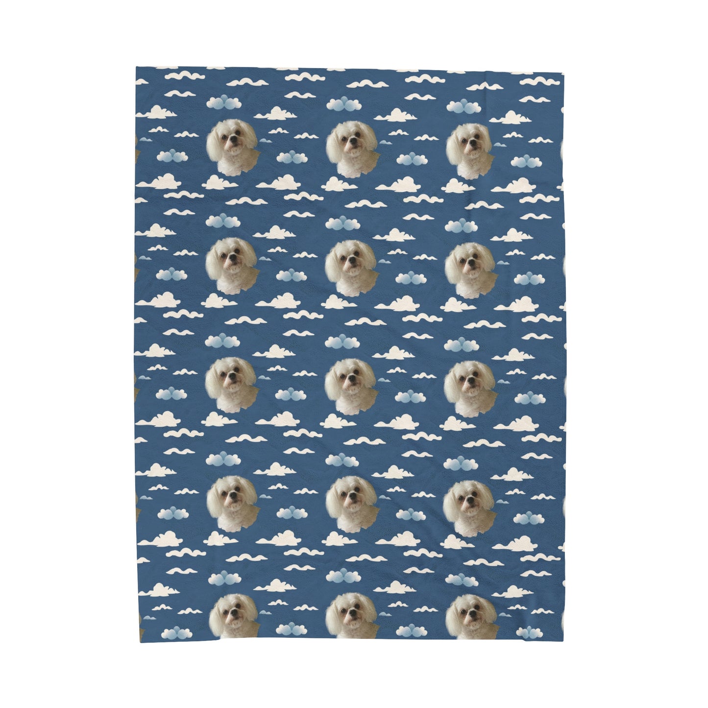 Personalized blue velveteen plush blanket with custom dog photo and soft cloud design