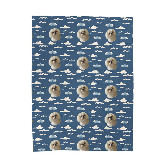 Personalized  blue velveteen plush blanket with custom dog photo and soft cloud design