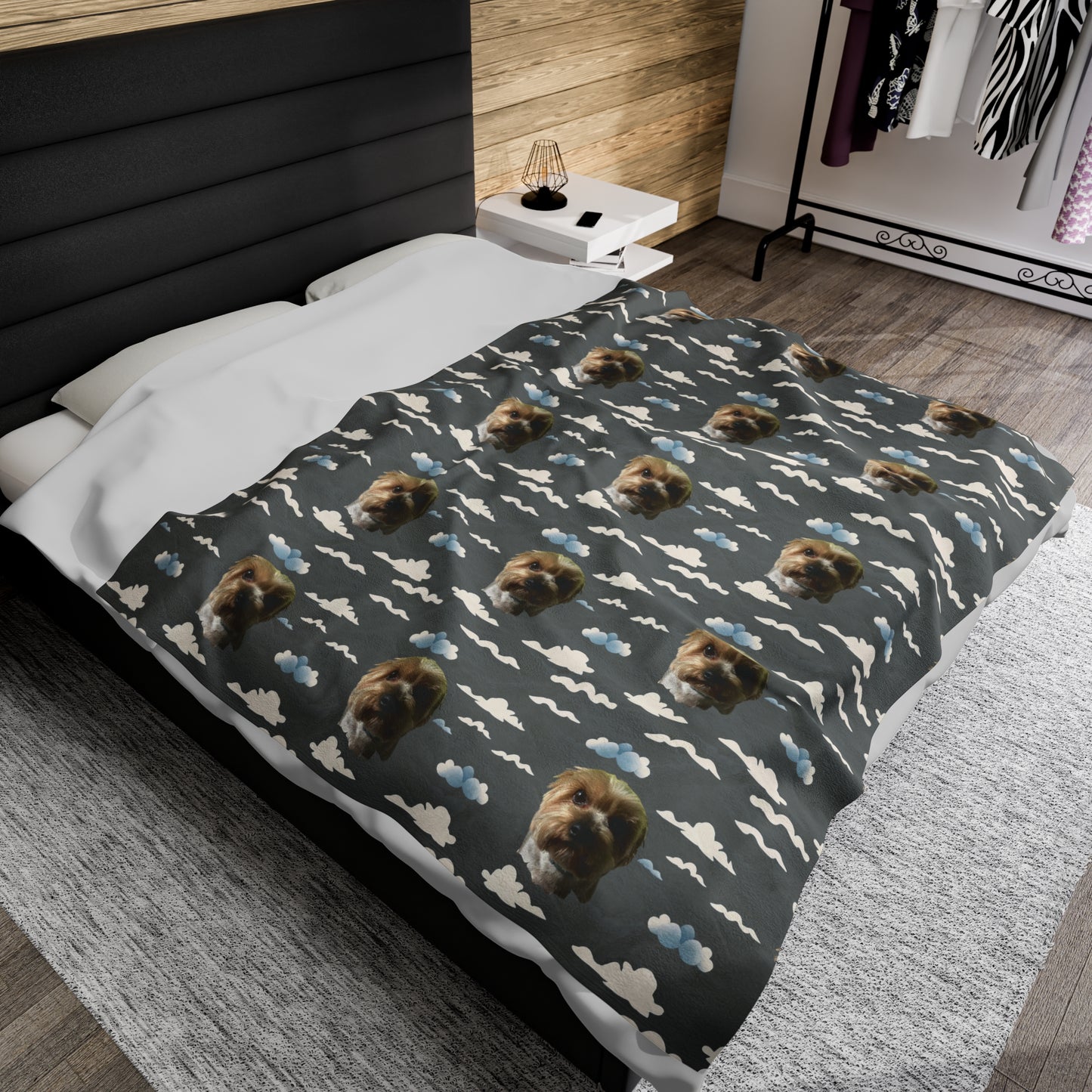 Personalized grey velveteen plush blanket with custom dog photo and soft cloud design on bed