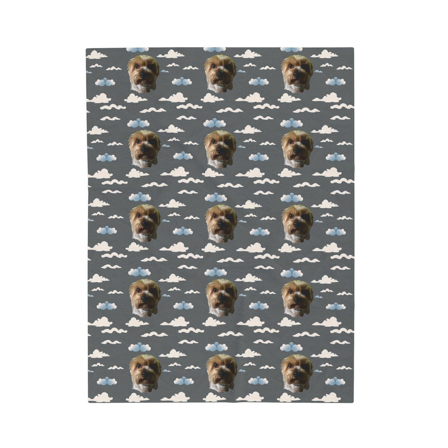 Personalized grey velveteen plush blanket with custom dog photo and soft cloud design