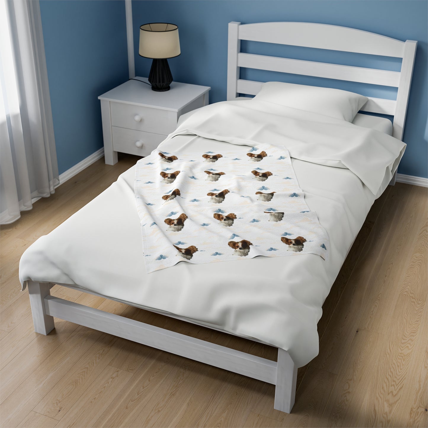 Personalized white velveteen plush blanket with custom dog photo and soft cloud design on bed