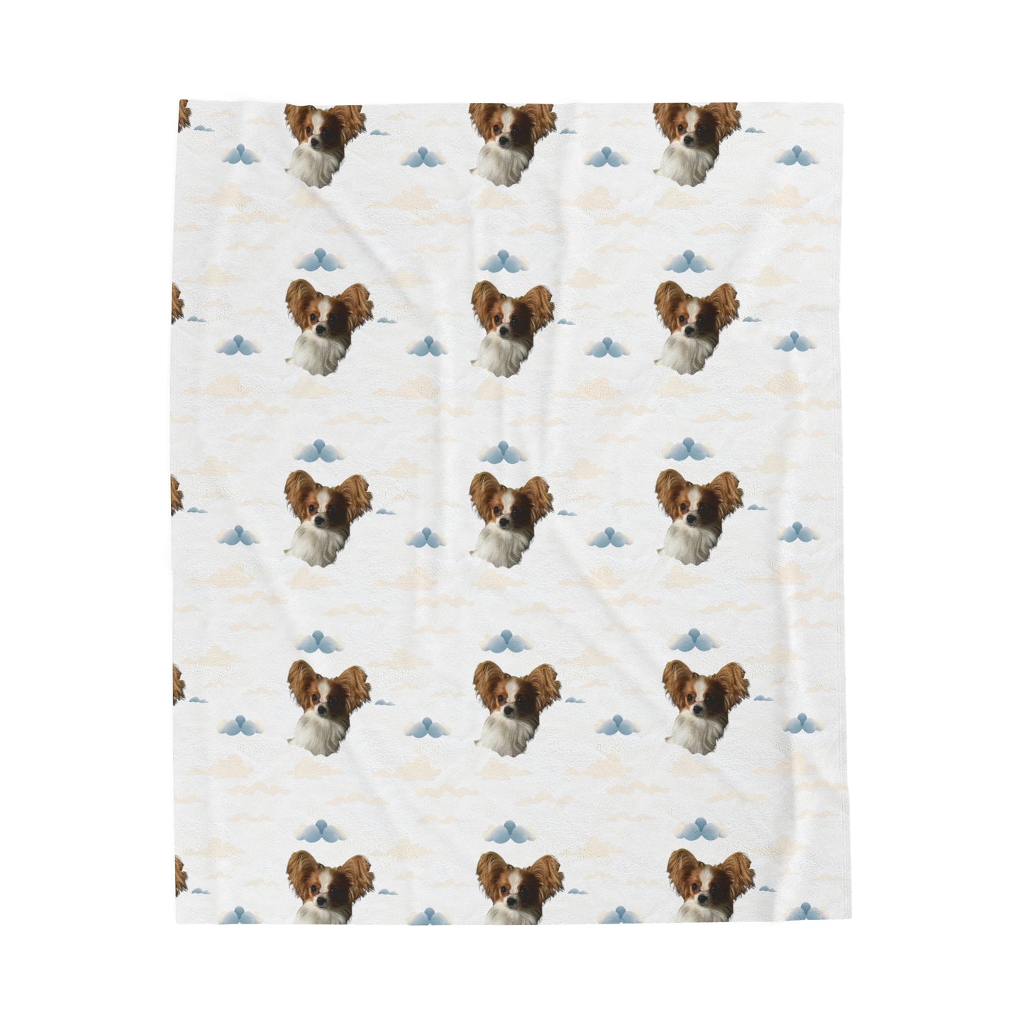 Personalized white velveteen plush blanket with custom dog photo and soft cloud design