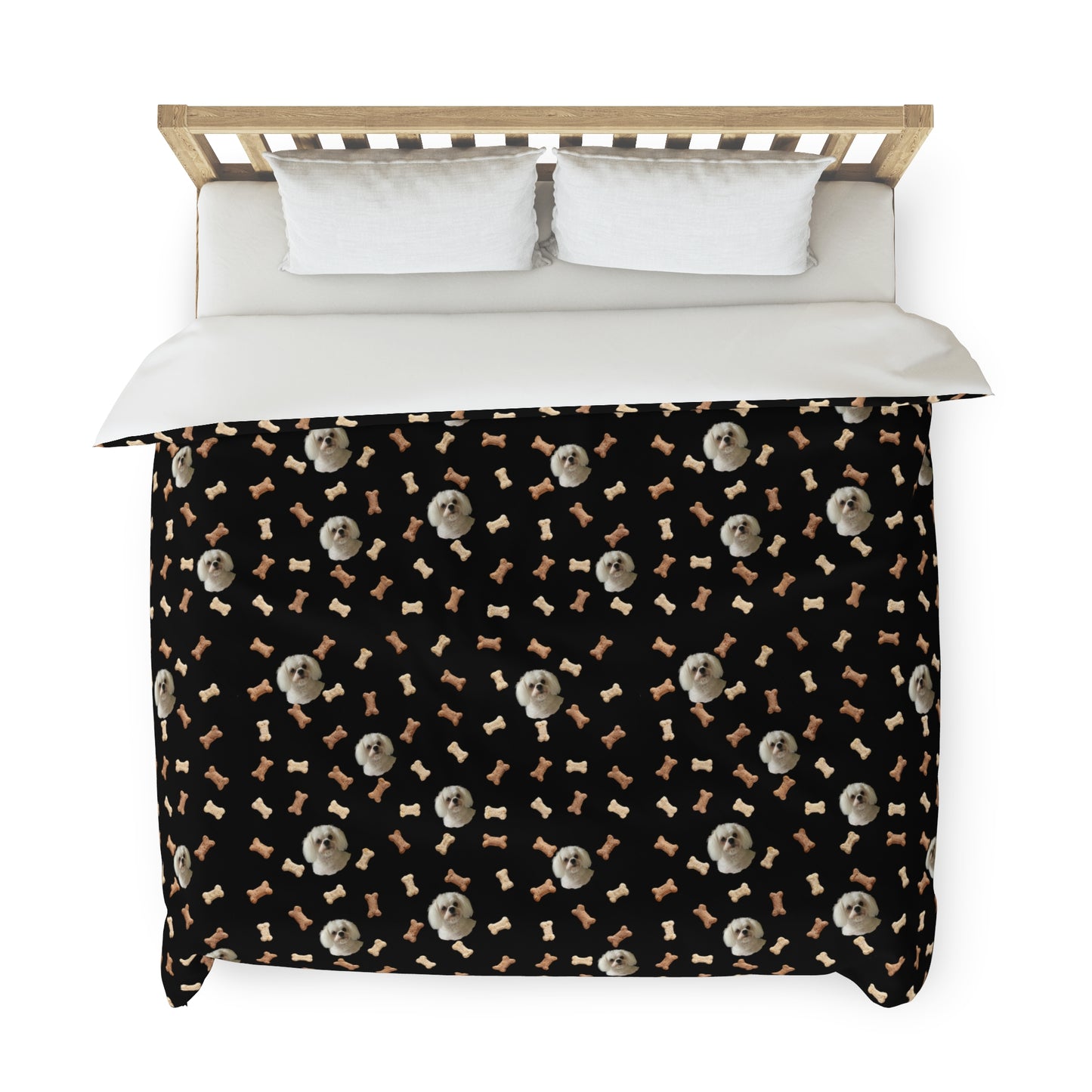 Custom dog image black duvet cover on bed with soft microfiber fabric and playful bone pattern