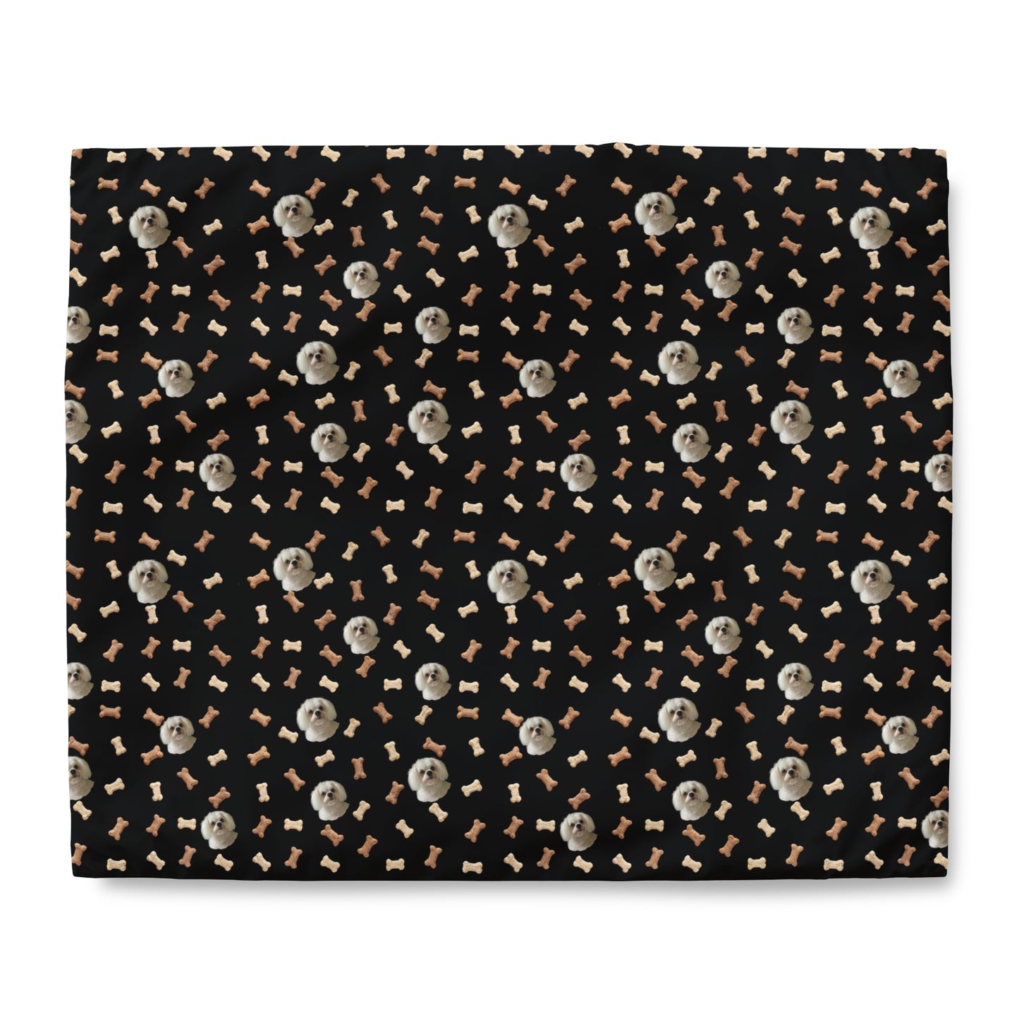 Custom dog image black duvet cover with soft microfiber fabric and playful bone pattern