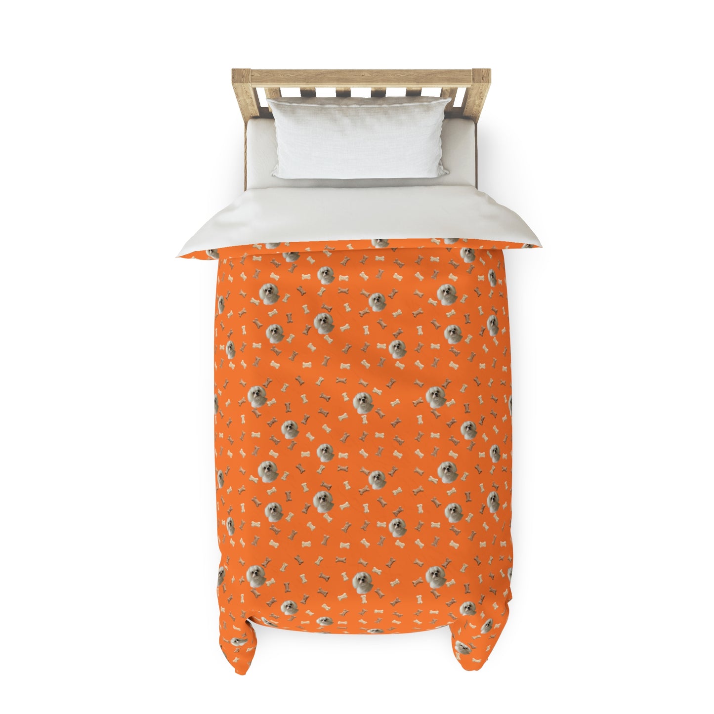 Custom dog image orange duvet cover on bed with soft microfiber fabric and playful bone pattern