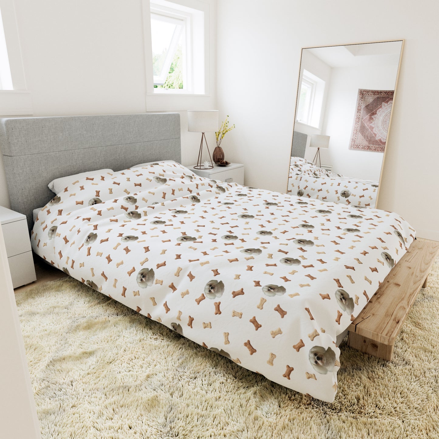Custom dog image white duvet cover with soft microfiber fabric and playful bone pattern