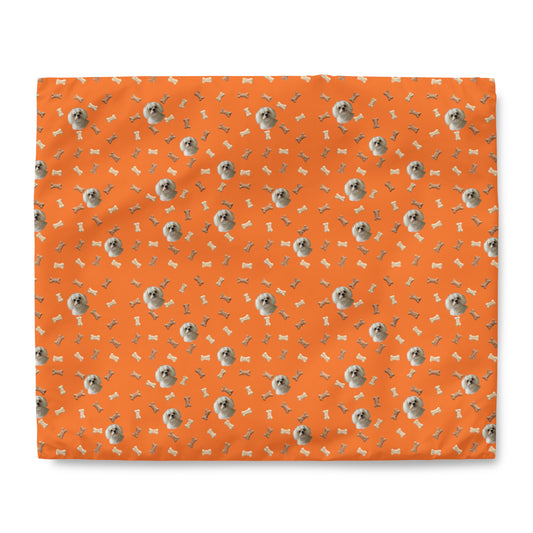 Custom dog image orange duvet cover with soft microfiber fabric and playful bone pattern