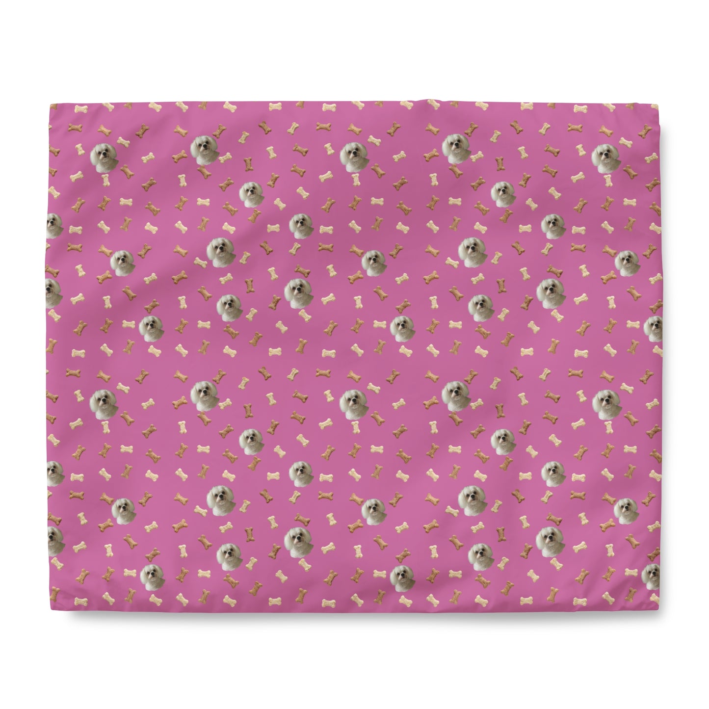 Custom dog image light pink duvet cover with soft microfiber fabric and playful bone pattern