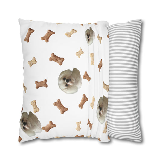 Custom dog photo white pillowcase on pillow made from soft microfiber, featuring a unique pet image design