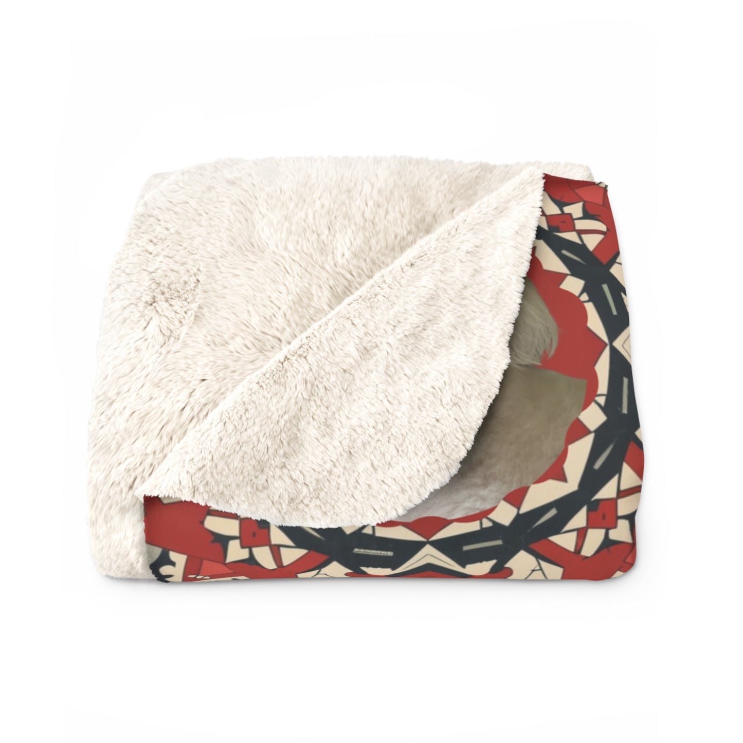 Soft and cozy sherpa blanket featuring a dog's image with decorative ornaments both sides