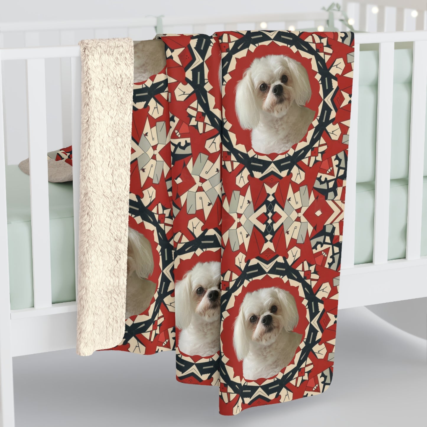 Soft and cozy sherpa blanket featuring a dog's image with decorative ornaments on bed
