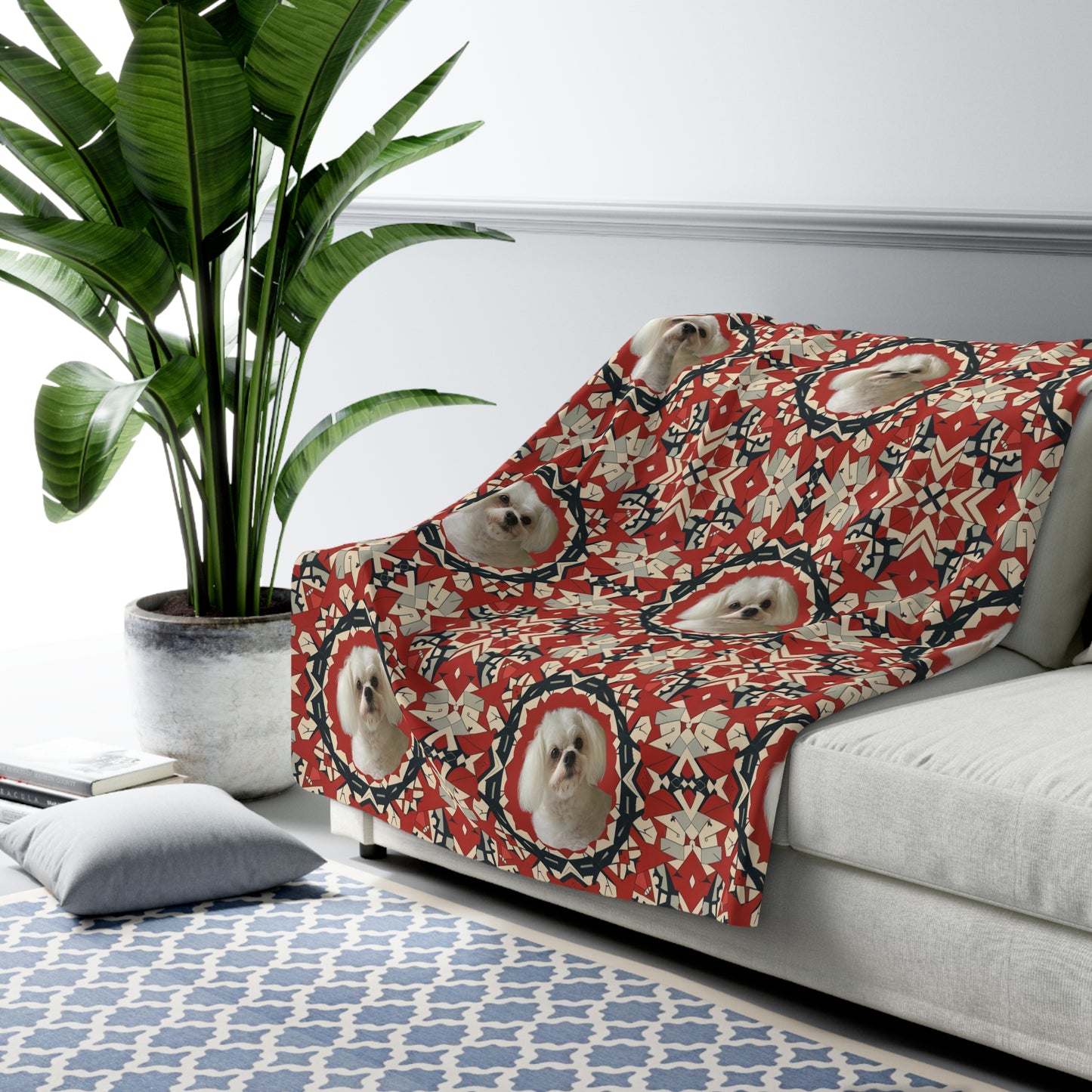 Soft and cozy sherpa blanket featuring a dog's image with decorative ornaments on coach