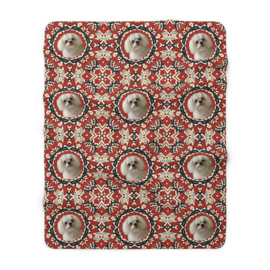 Soft and cozy sherpa blanket featuring a dog's image with decorative ornaments