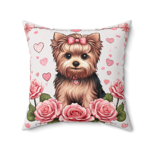 Coquette Yorkie Rose Heart Pillow