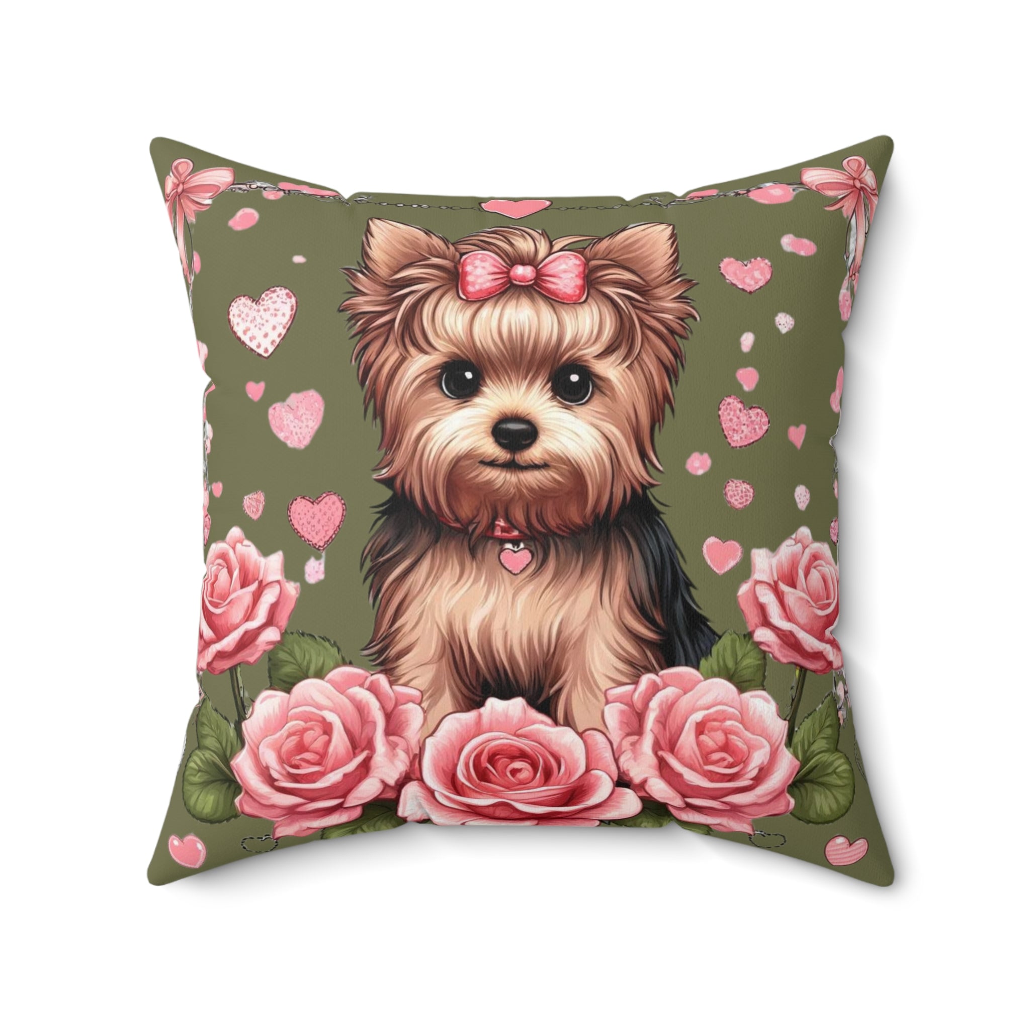 Coquette Yorkie Rose Heart Pillow