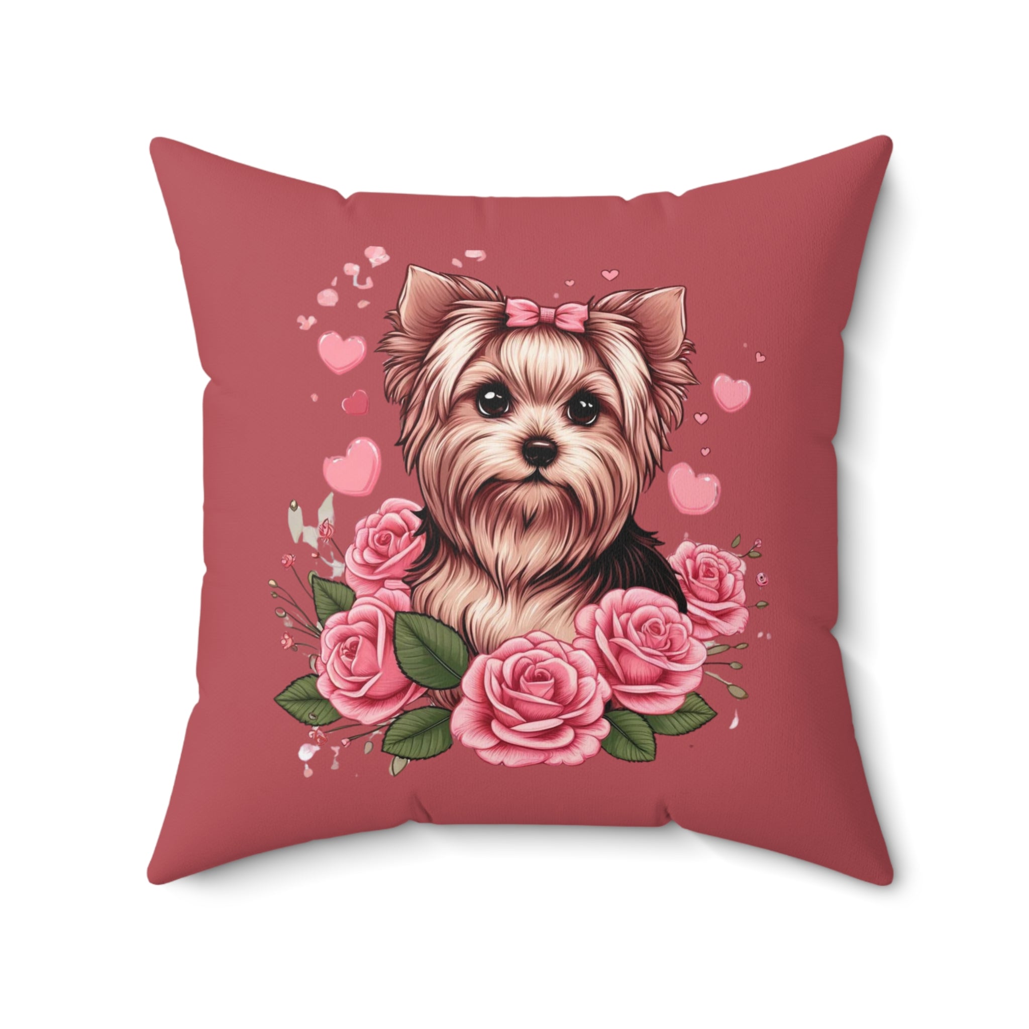 Coquette Yorkie Blossom Heart Pillow