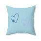 Light blue pet-themed pillow with heart-shaped paw prints in white and navy blue