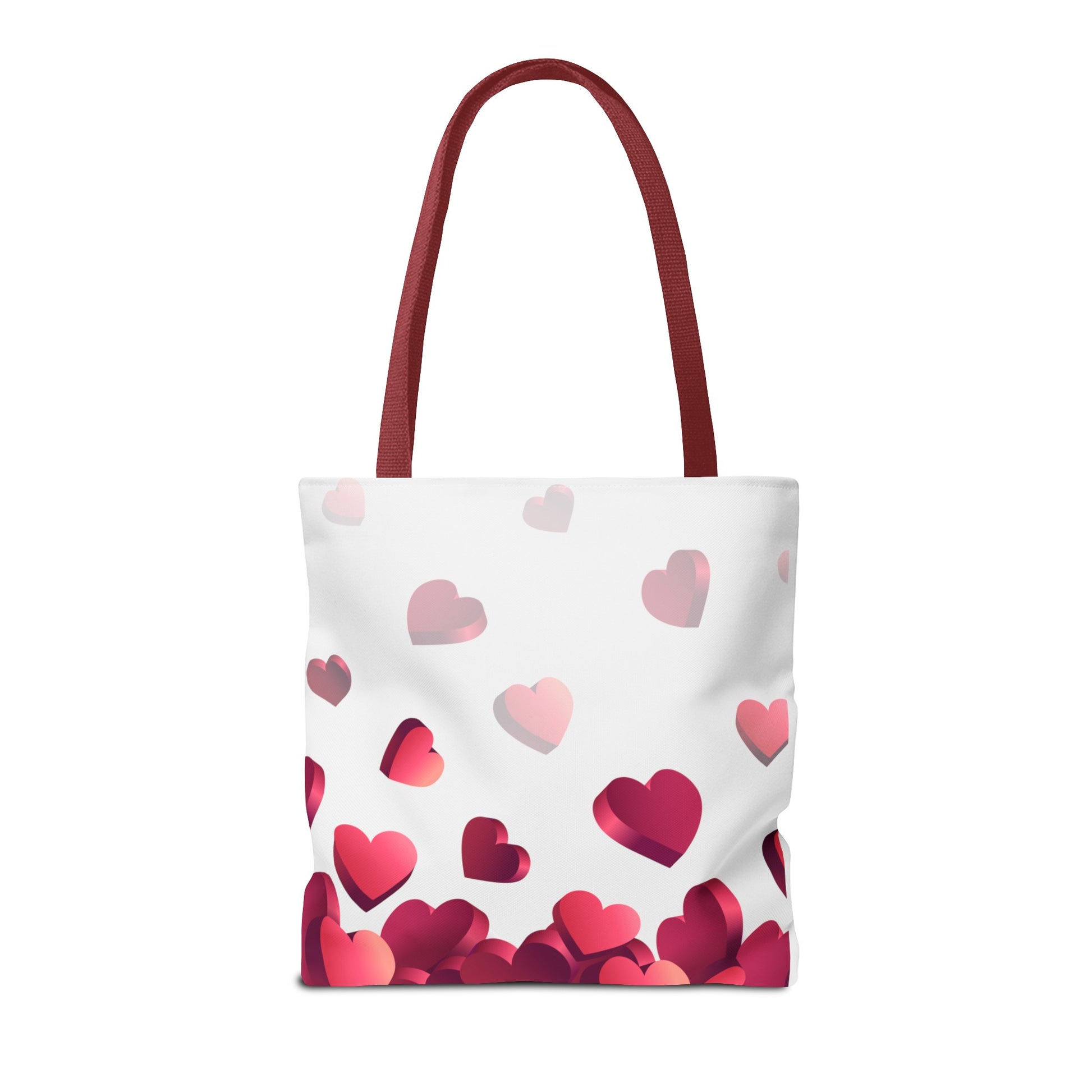 Side view of heart-themed tote bag with cartoon Maltese dog and red hearts