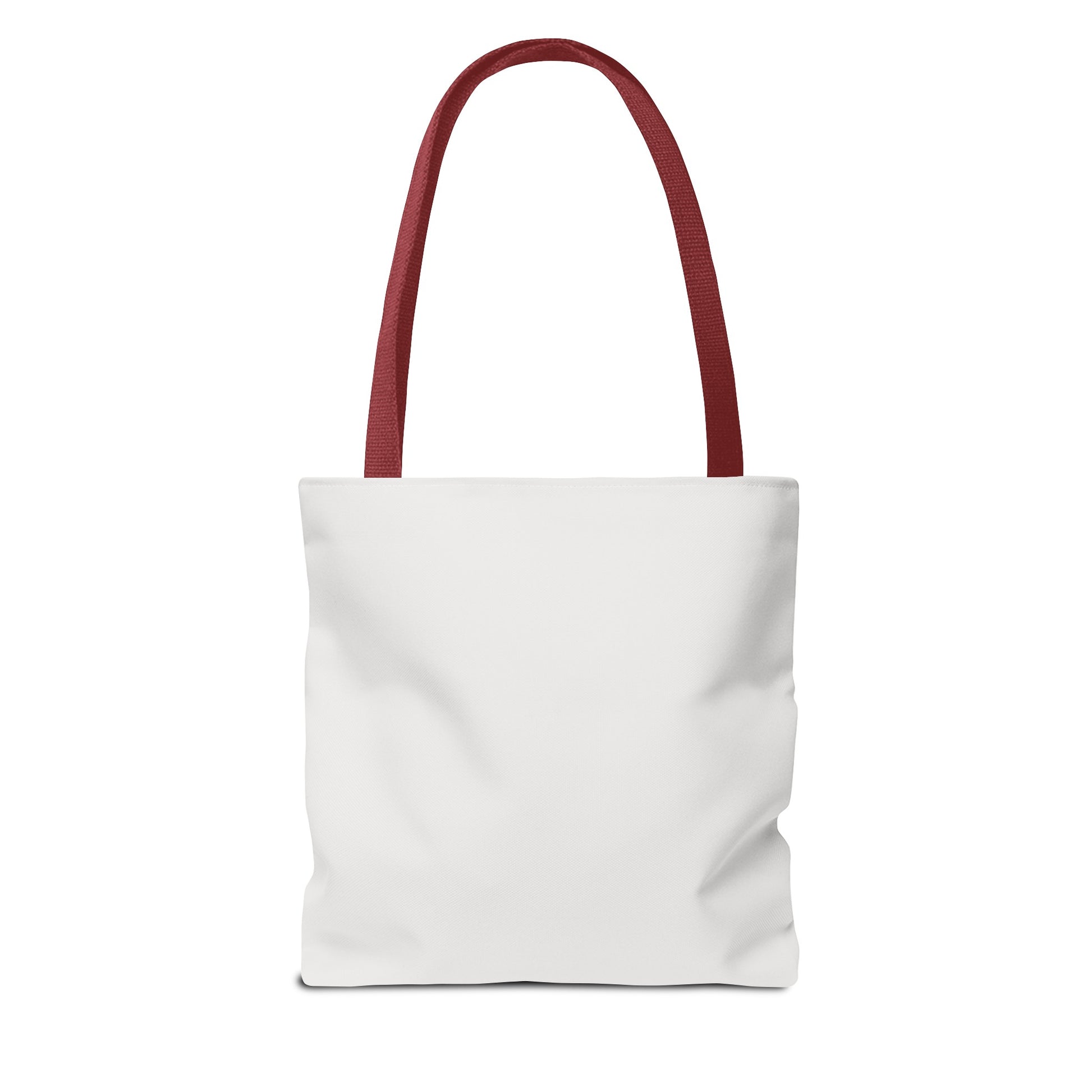 Plain white tote bag with burgundy handles, minimalist back view