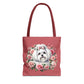 Dusky rose tote bag with Maltese dog and floral motif, romantic design