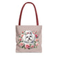 Cream beige tote bag with fluffy Maltese dog and roses illustration