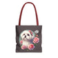 Dark grey tote bag with Maltese puppy and pink roses illustration, red handles