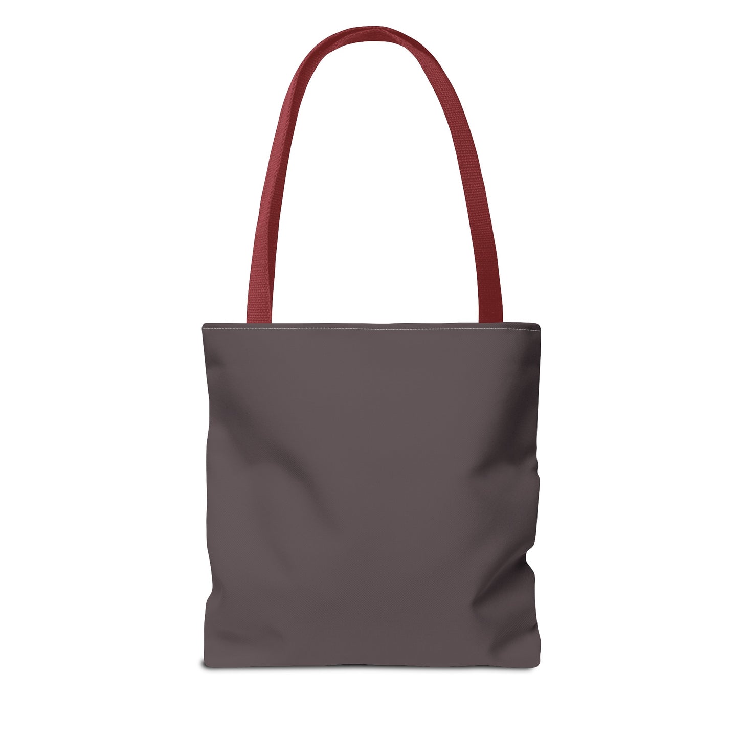Plain fuscous grey tote bag with red handles, no design
