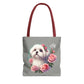 Grey tote bag with Maltese puppy and pink roses illustration, red handles