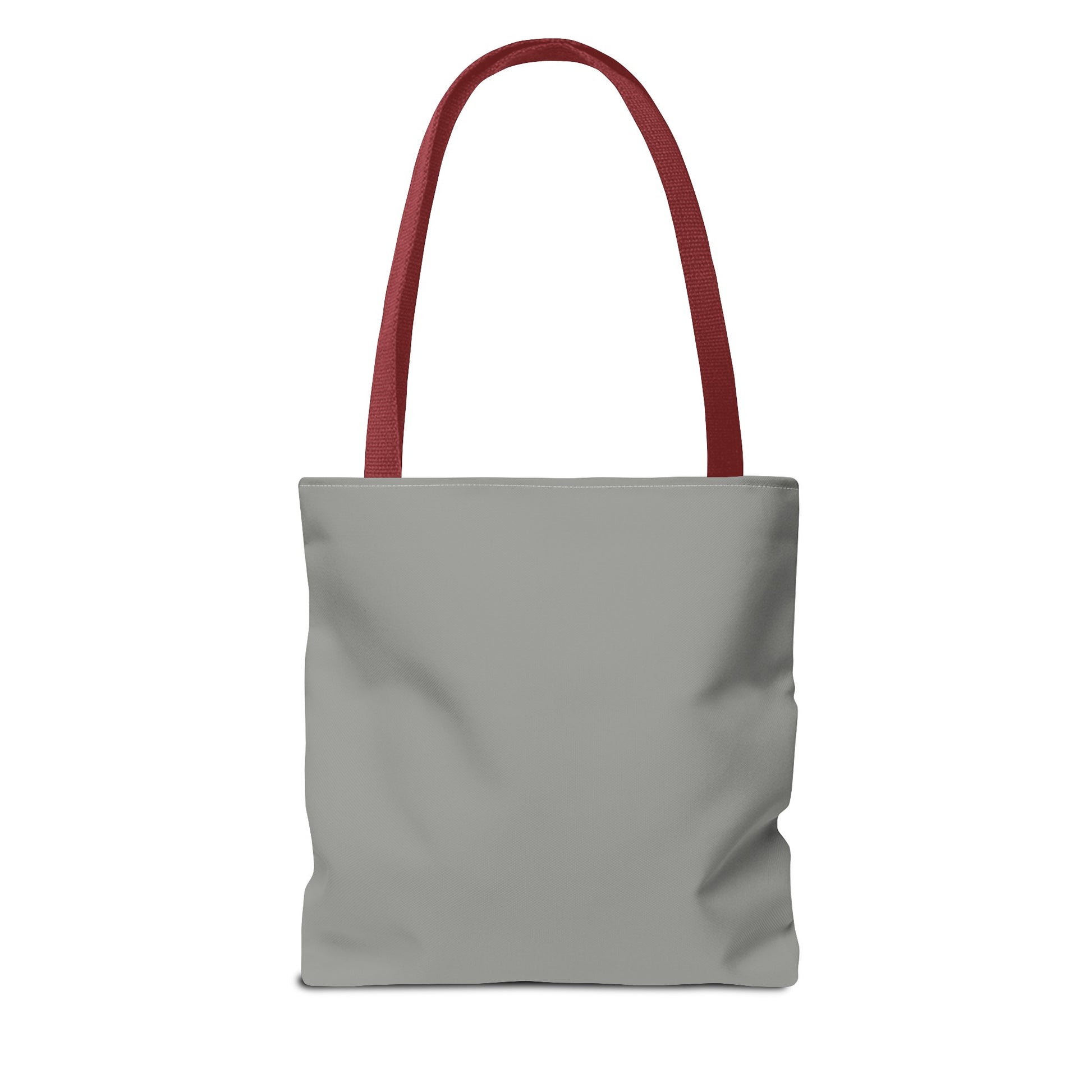 Plain dusty grey tote bag with red handles, no design