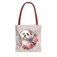 Soft grey tote bag with Maltese puppy and pink roses illustration, red handles