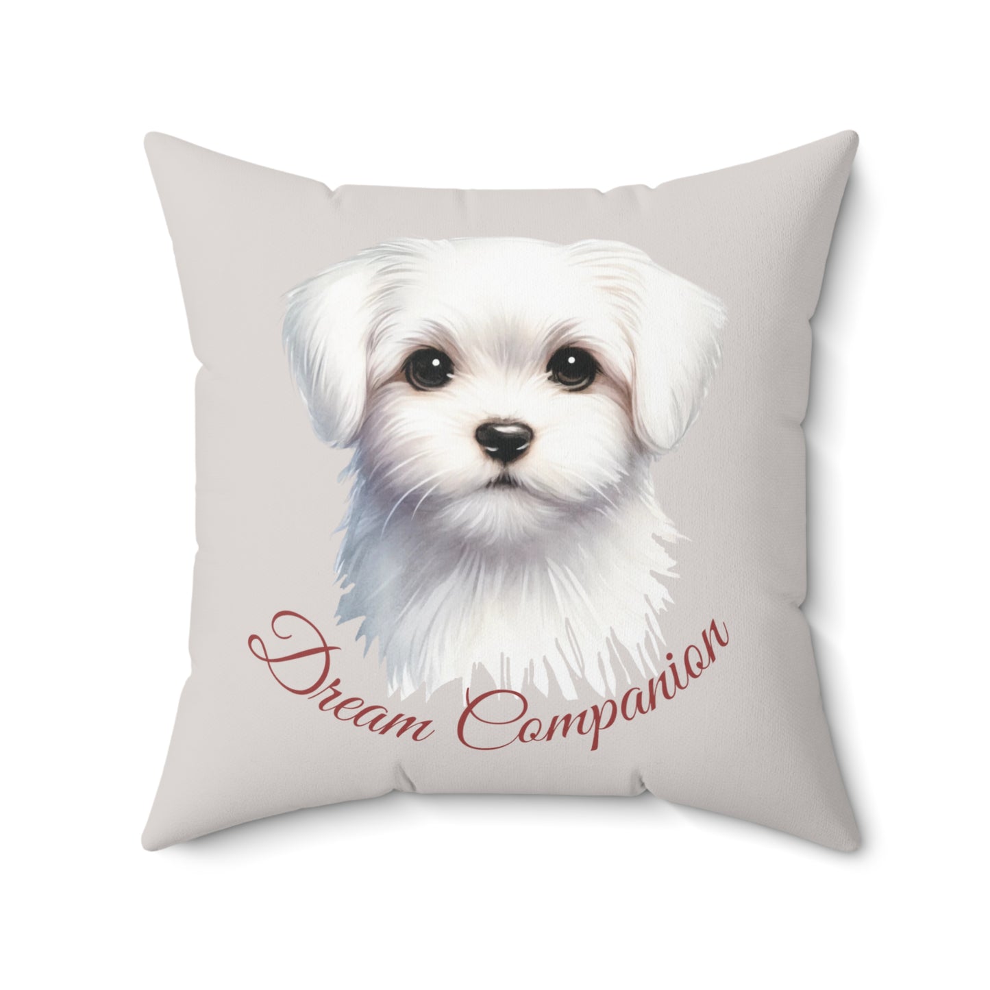 pillow in Light Grey color featuring a cute Maltese dog and 'Dream Companion' text.