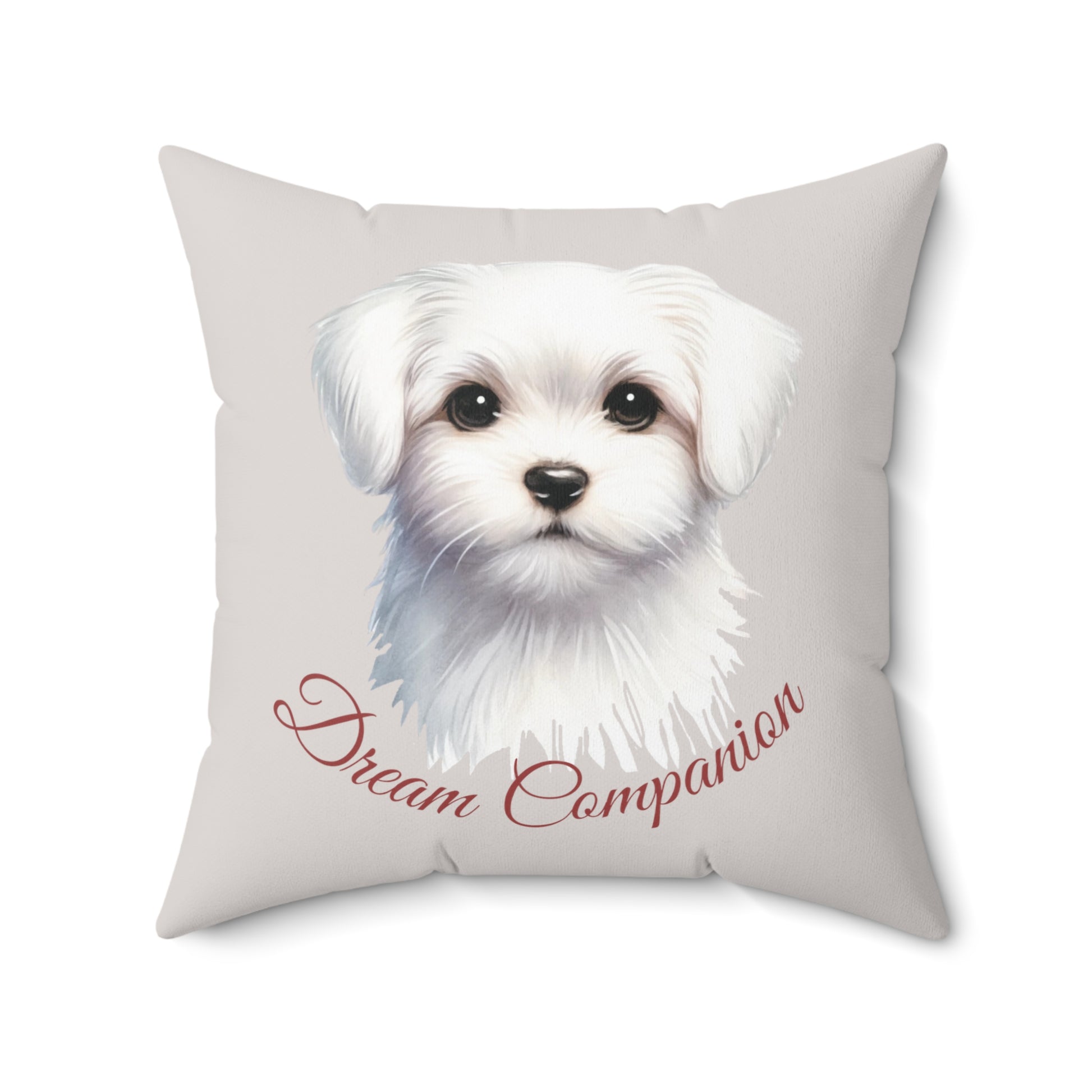 pillow in Light Grey color featuring a cute Maltese dog and 'Dream Companion' text.