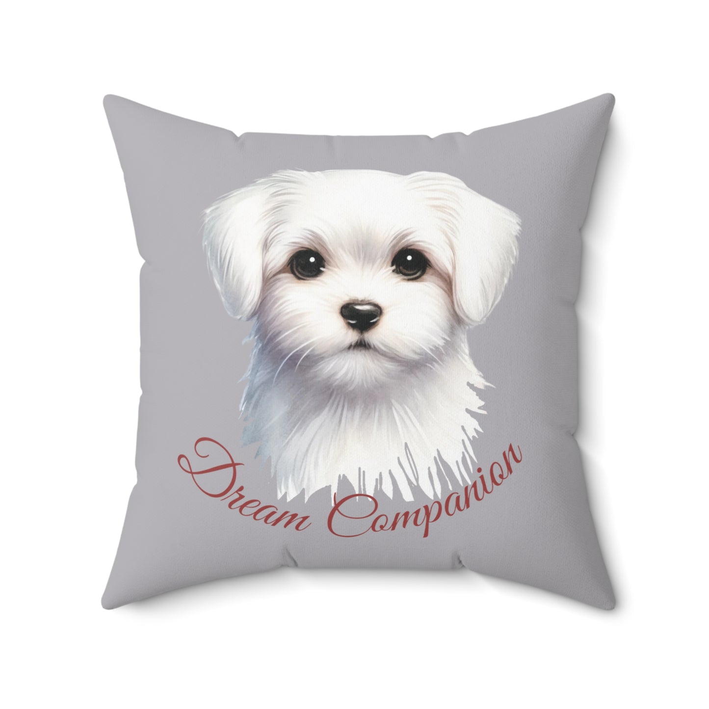 pillow in Ash Grey color with an adorable Maltese dog and elegant script text.