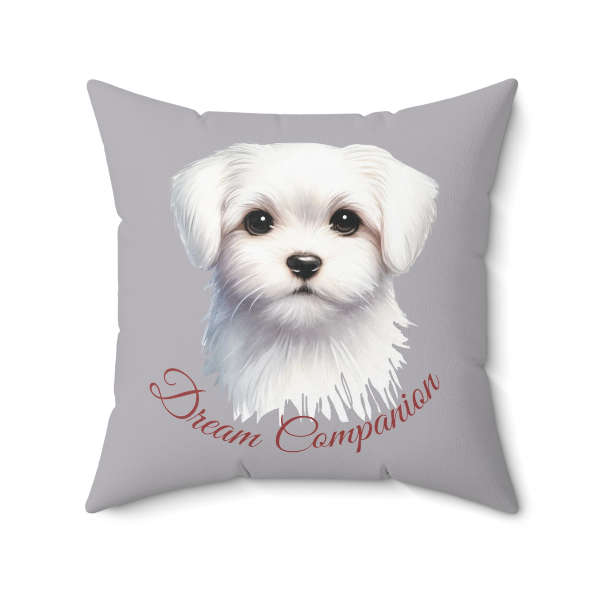 pillow in Ash Grey color with an adorable Maltese dog and elegant script text.