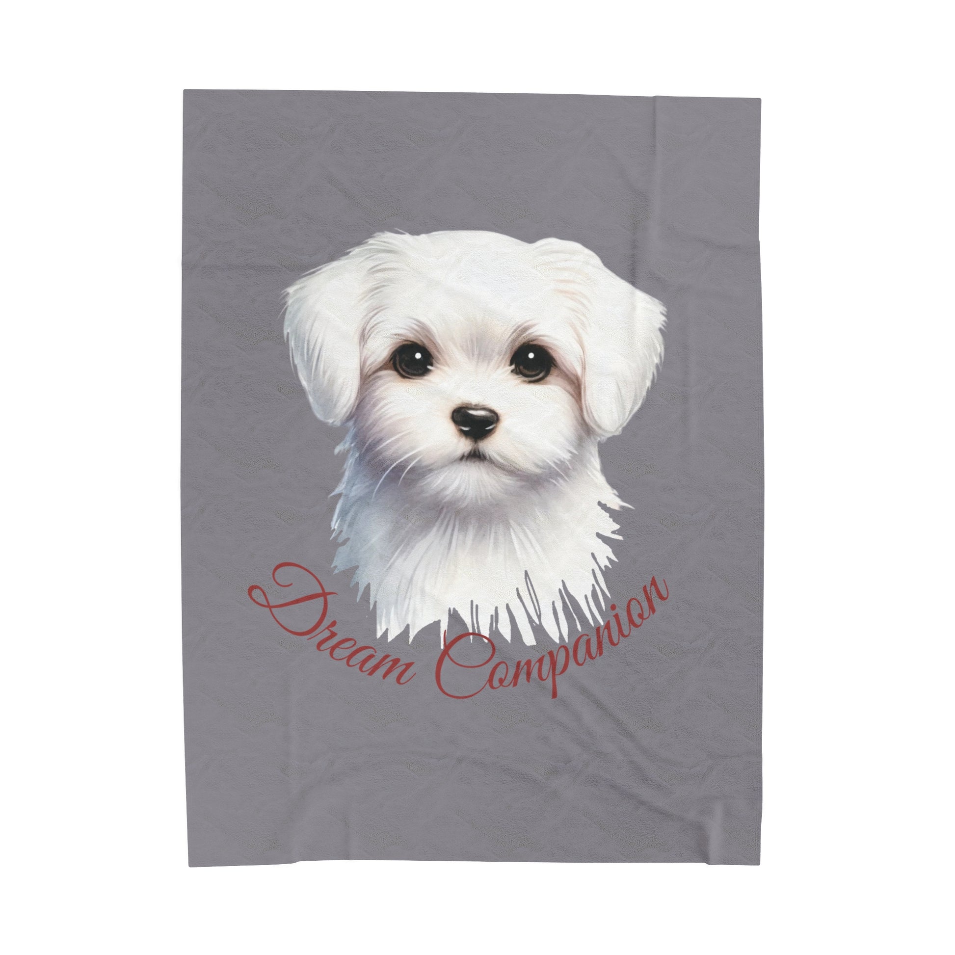 Dream Companion plush blanket in warm grey featuring cute Maltese puppy