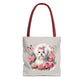 Floral Coquette Maltese Tote Bag with dog and roses print, angled front view