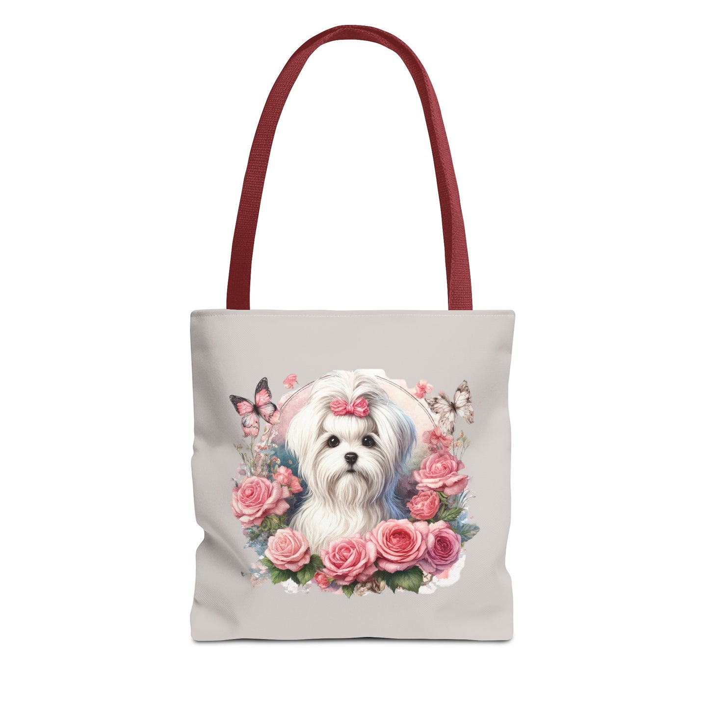 Floral Coquette Maltese Tote Bag with dog and roses print, angled front view