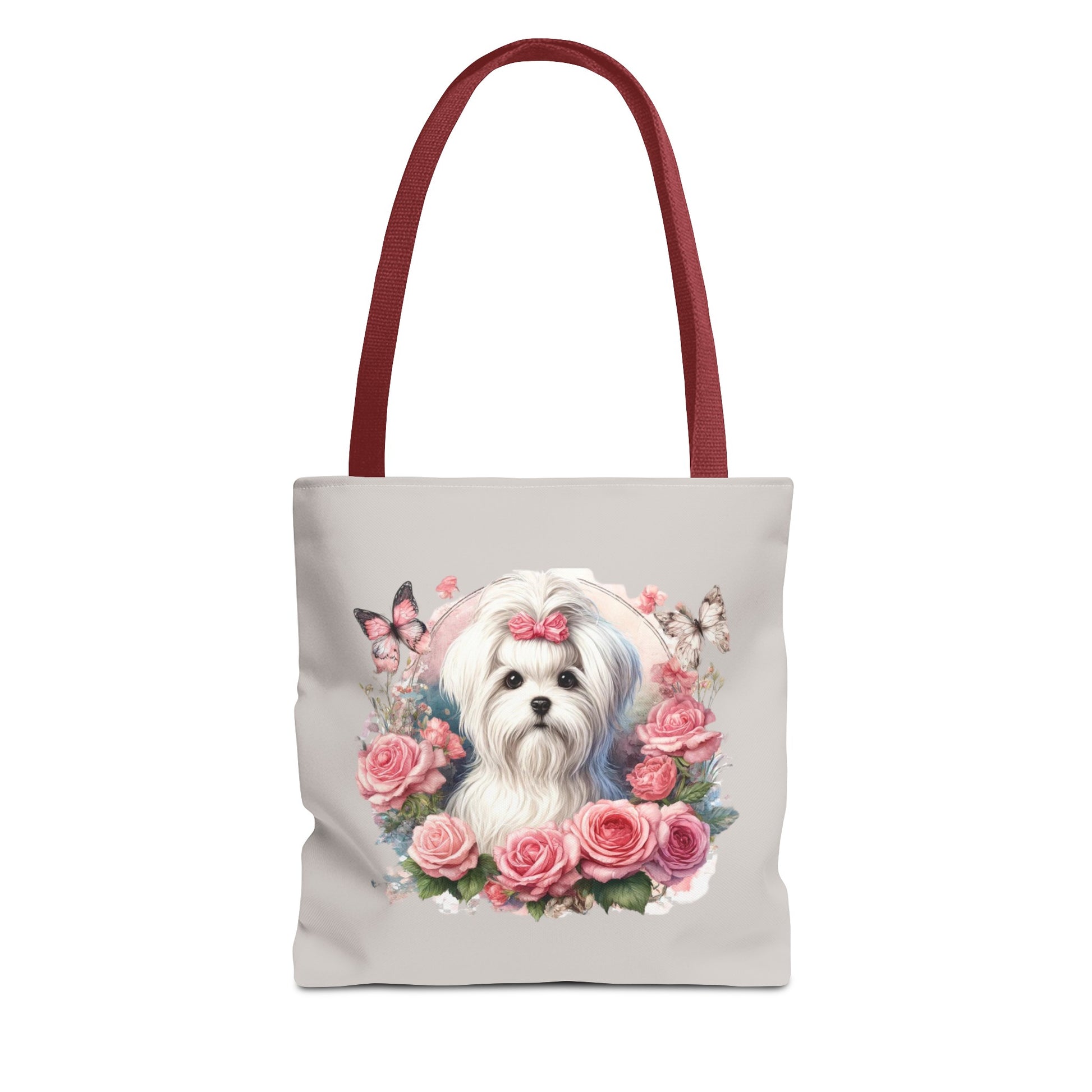Floral Coquette Maltese Tote Bag with dog and roses print, angled front view