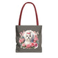 Dark grey Floral Coquette Maltese Tote Bag with illustrated Maltese puppy and roses