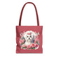 Dusky rose Floral Coquette Maltese Tote Bag with cute Maltese dog and floral design

